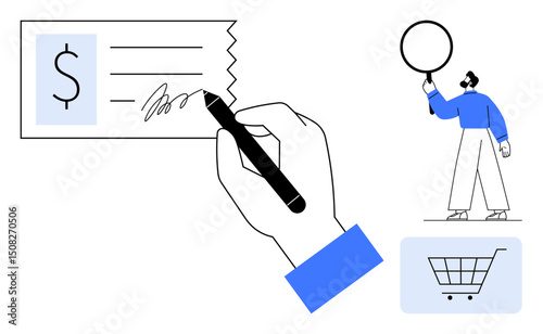 Hand signing financial check, man holding magnifying glass, and shopping cart icon. Ideal for finance management, e-commerce, banking, payment processing, retail transactions, spending simple