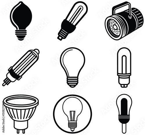 Different Style Light Bulbs Silhouette Vector Set – Assorted Electric Lamp Designs, Vintage to Modern Lighting Icons, Decorative and Functional Illumination Elements