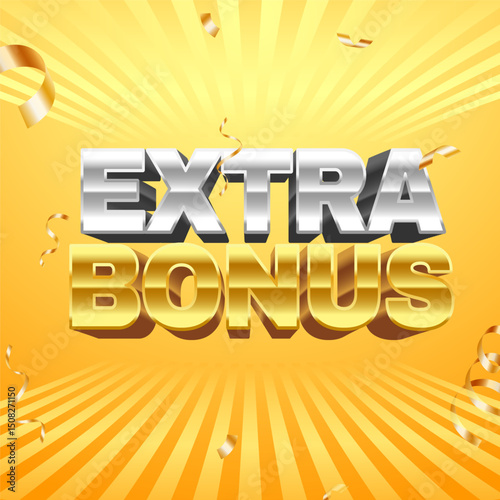 Golden and silver extra bonus 3d text effect on yellow radial background with falling confetti