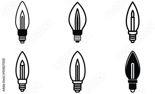 E14 Candle-Shaped LED Bulb Silhouette Vector Set – Elegant Decorative Light Illustration, Energy-Efficient Flame Tip Lamp Icon, Modern Interior Lighting Design