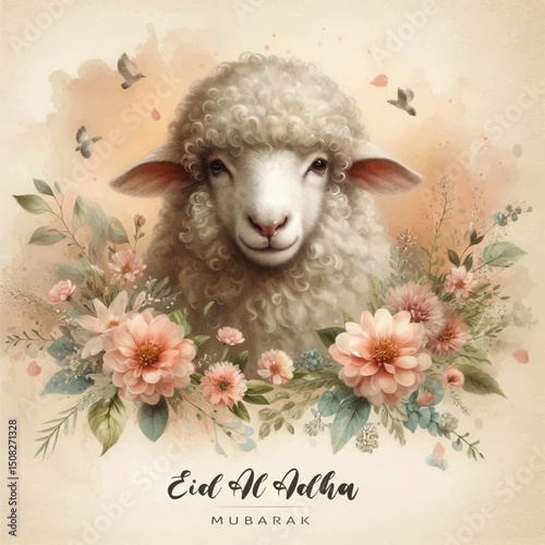 Adorable sheep portrait surrounded by beautiful flowers