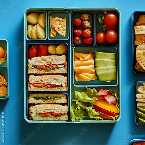 Colorful lunchbox filled with various healthy foods.