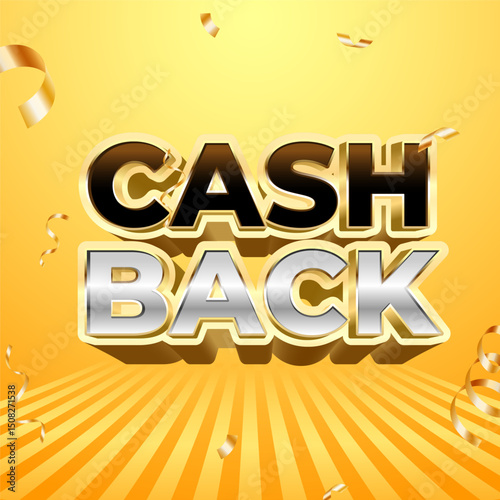 Cash back banner celebrating marketing campaign with falling confetti on gold background