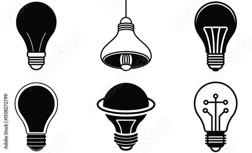 Flat Surface-Mount Light Bulb Silhouette Vector Set – Modern Flush Lighting Fixture Icon, Minimal LED Panel Lamp Design for Interior Ceiling Illumination