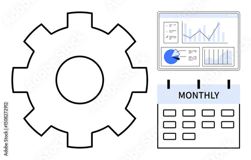 Large gear next to an analytics dashboard displaying charts and a calendar with monthly label. Ideal for workflow, automation, data analysis, planning, organization, project tracking, simple landing
