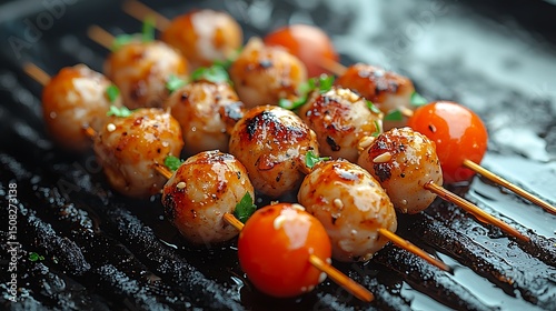Grilled meatballs and cherry tomatoes photo