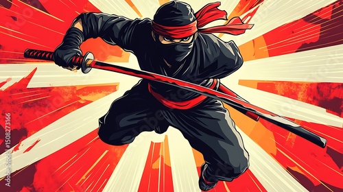 Dynamic ninja in action with katana.