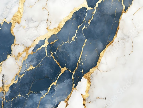 Pale blue, white, and gold abstract marble wall background. AI generated	