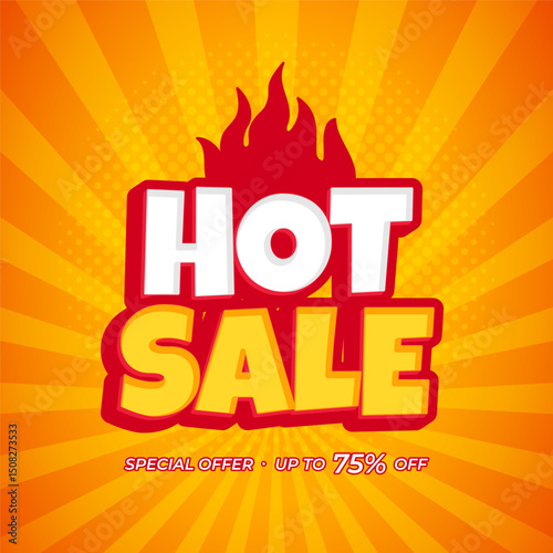 Hot sale promotion banner with fire and discount offer up to 75% off on orange background
