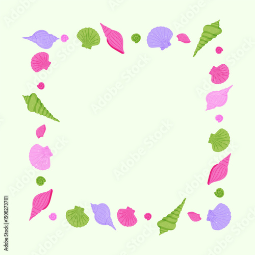 Seashell square  frame border in pink, green and purple summer colors