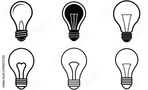 Classic Light Bulb Silhouette Vector Set – Vintage Filament Lamp Icon, Traditional Electric Glow Design, Timeless Home Lighting Illustration