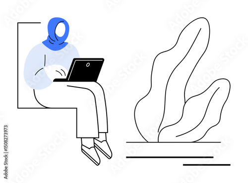 Woman wearing blue scarf seated and typing on laptop, bordered by abstract wavy plant. Ideal for remote work, productivity, e-learning, online communication, freelancing, workspace design, simple