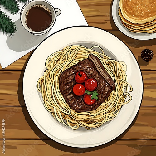 Grilled steak with spaghetti and cherry tomatoes on a plate.