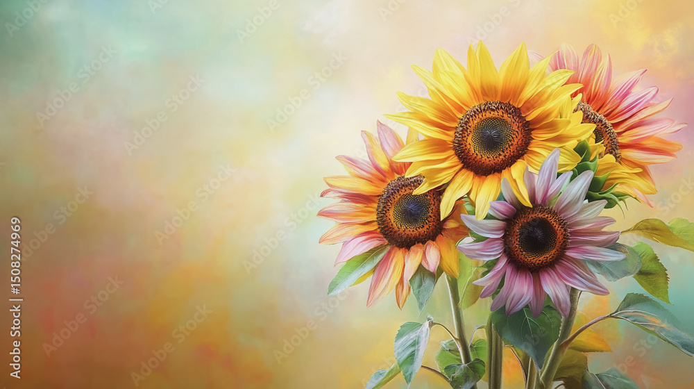 Obraz premium watercolor botanical Sunflower flowers texture template background.Elegant wedding invitation card background . Minimal hand painted Design for wedding or Valentine's Day