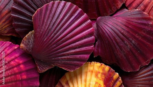 Close-up of many deep-red scallop shells