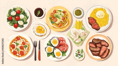 Variety of delectable food items displayed on plates.