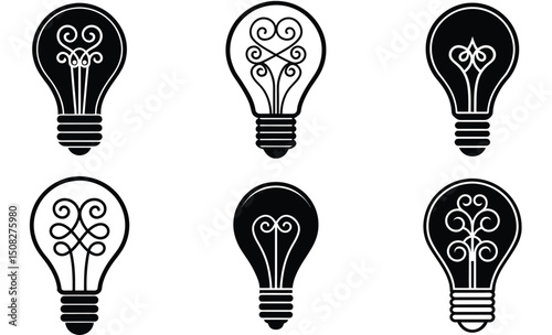 Black and White Light Bulb Silhouette Vector Set – Monochrome Lamp Icon Collection, Minimal Electric Lighting Concept for Retro and Modern Design