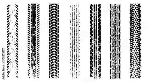 Traces of car, motorcycle tread. Curved realistic traces of tires of wheels from different types of tread vector png. Car wheels on disks.	
