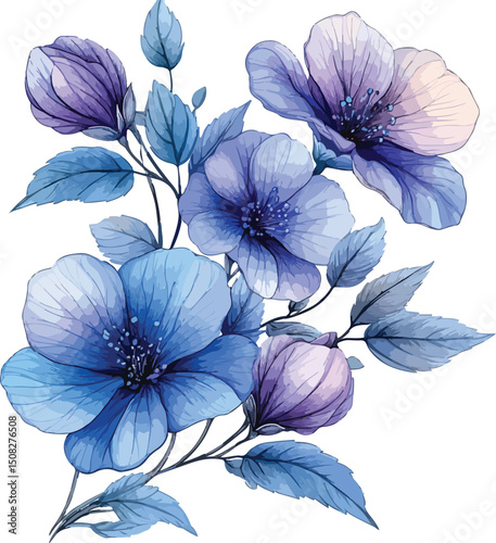Watercolor Floral Arrangement with Blue and Purple Flowers on White