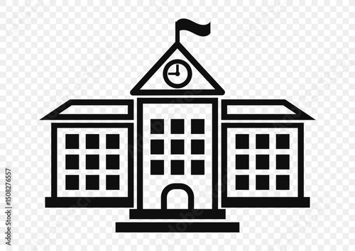 School building with clock and flag flat icon for apps and websites. Vector illustration