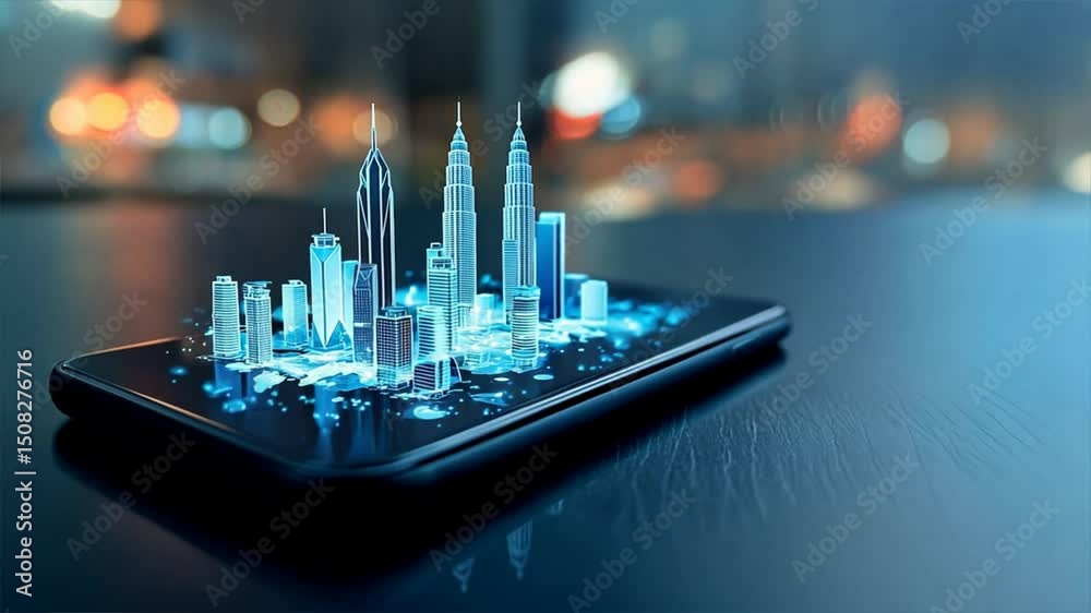 Skyscrapers and cities float as holograms above phone, showing smart world access, augmented reality travel, vr travel, ai city tech