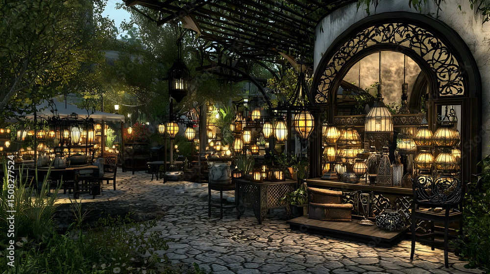 Obraz premium Evening Outdoor Cafe Scene with Stone Pathway and String Lights