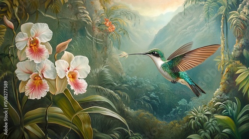 Painting of a hummingbird flying near white orchids in a lush landscape.