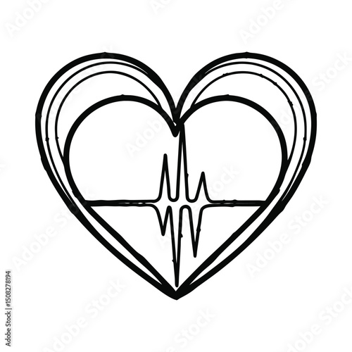 Heart with heartbeat line silhouette on white background