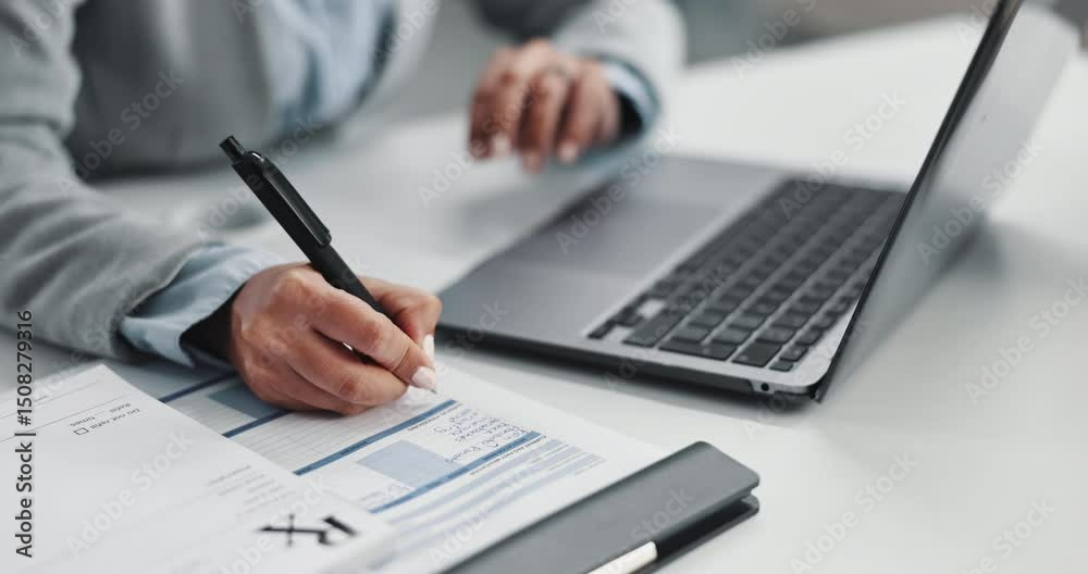 Hands, doctor and woman with laptop, writing and healthcare with prescription, notes and internet. Closeup, insurance and medical report with professional, pc and documents for schedule and planning