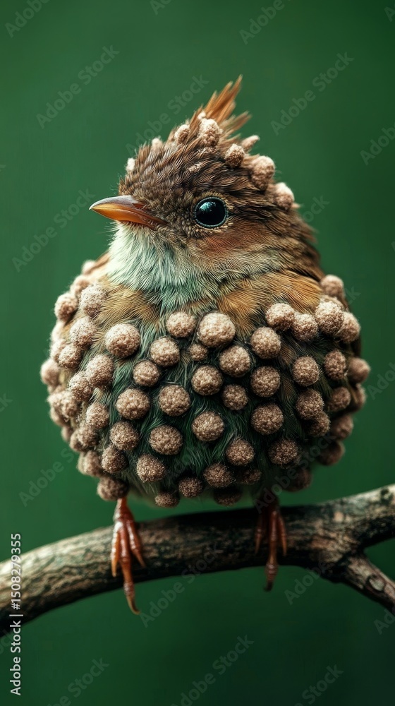 Obraz premium A bird covered in small, furry balls, cute and fluffy. The background is green. It's an adorable little sparrow with many tiny, round, fur ball-like textures covering its body, sitting on a branch in 