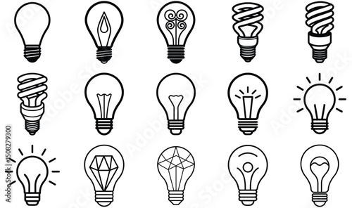 Bulb Line Tool Vector Set – Minimal Outline Icons of Light Bulbs, Decorative Electrical Lamp Collection for UI, Apps, and Interior Design Elements