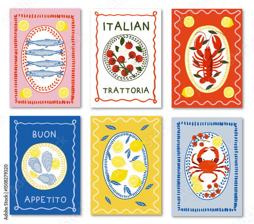 SET OF MEDITERANEAN, ITALIAN FOOD POSTERS STYLE DOLCE VITA 