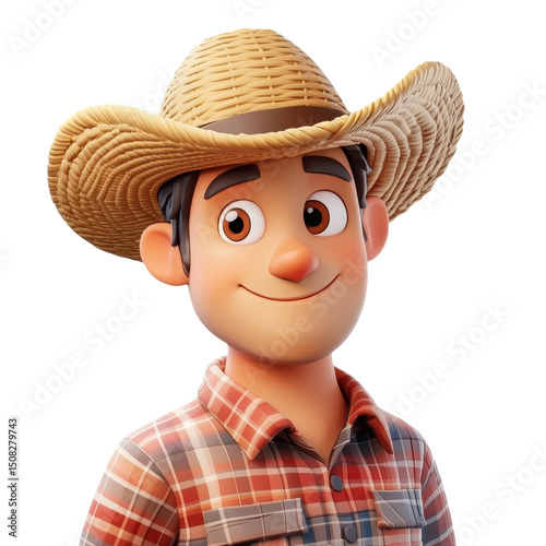 Charming Cartoon Farmer Portrait: Smiling Man with Straw Hat in Plaid Shirt, Perfect for Countryside and Agriculture-Themed Design and Illustration