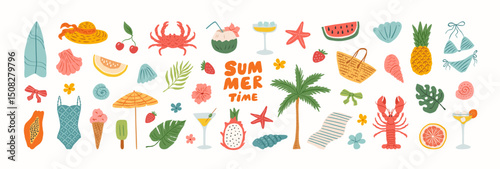 Summer vacation doodle illustration set. Beach and sea travel cute elements. Hand drawn palm tree, fruit, lobster, seafood, shell, bikini, umbrella, cocktail. Coastal collection for card, prints.