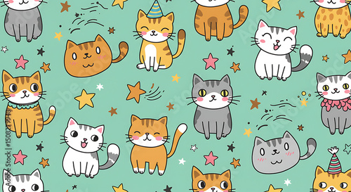 Adorable Cartoon Cats Seamless Pattern Cute Kittens Stars and Party Hats Perfect for Kids Designs