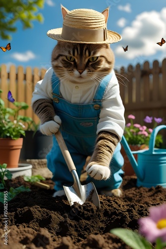Feline Farmer: Cat Tilling Soil on a Sunny Day