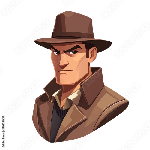 Intriguing Cartoon Detective Character with a Mysterious Gaze, Wearing a Classic Hat and Coat, Evoking a Vintage Noir Style Perfect for Graphic Design and Illustration