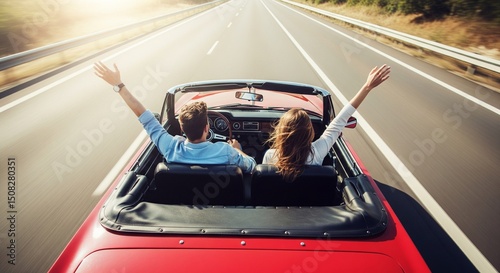 Freedom Ride, Two People in Open-Top Car, Arms Raised, Road to Horizon View