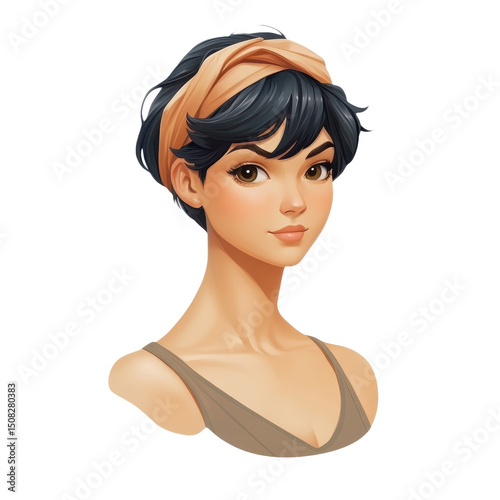 Elegant Cartoon Portrait: A Young Woman's Beauty in Digital Art - Captivating Female Character with Headband and Stylish Hair, Detailed Facial Features