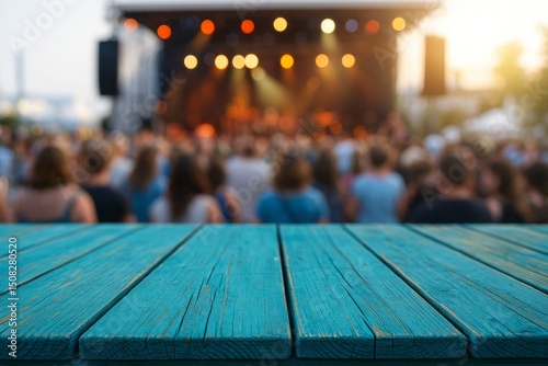 Rustic Teal Wooden Tabletop Summer Concert Crowd Background Festival Event Outdoor Stage Music Performance Bright Lights Happy Atmosphere Enjoyable Summertime Celebration Vibrant Energy Live Music    