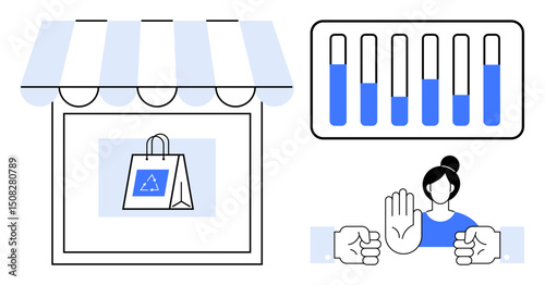 Shopping storefront with recycling bag, bar chart representation, and a woman making a refusal gesture. Ideal for sustainability, eco-awareness, consumer behavior, ethical shopping, data analysis