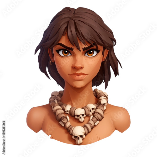 Striking Portrait of a Woman Adorned with a Skull Necklace: A Fusion of Beauty, Strength, and Tribal Charm in a Captivating Artistic Design.