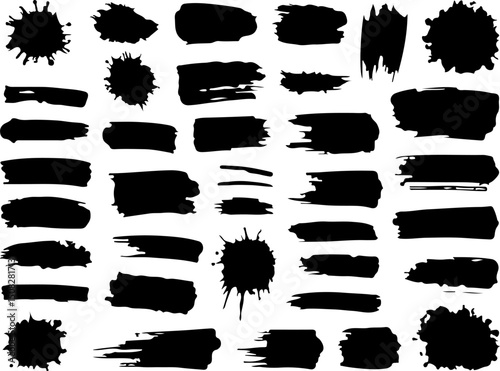 Black brushstroke vector set for creative design, artistic splashes and strokes for digital artwork, grunge, and paint effects, watercolor illustration