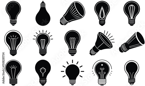 Black Bulb Silhouette Vector Set – Solid Dark Electric Light Lamp Icons, Minimal Lighting Design Elements for Modern Decor and Conceptual Art Projects
