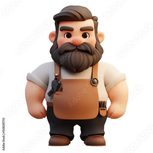 Charming Cartoon Character: A Stylish Man with a Beard and Apron, Perfect for Graphic Design and Illustrations. A Cheerful and Friendly Professional Man Cartoon