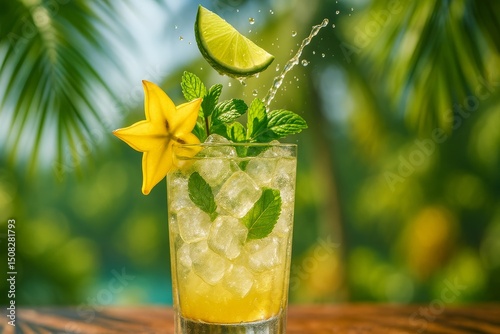 Tall glass glass with a clear drink, decorated with a star-shaped carambola starfruit slice. Tropical star fruit