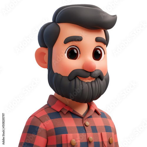 Stylized 3D Rendering of a Cheerful Man with Beard Wearing a Plaid Shirt - A Captivating Portrait of a Modern and Attractive Male Character