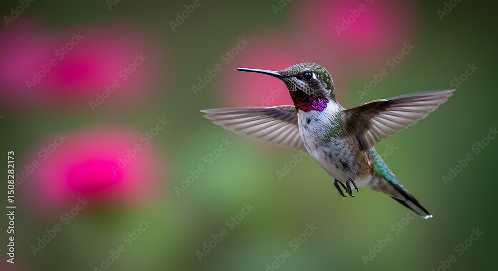 Fototapeta premium Close-up of a Vibrant Hummingbird in Flight with Soft Pink Floral Background