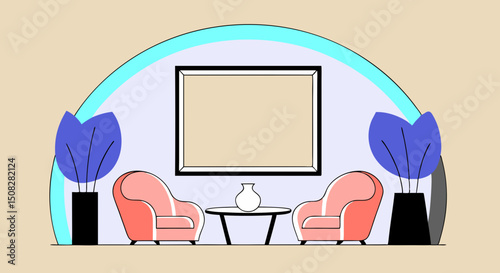 Cozy interior scene featuring two pink armchairs, round table, and decorative plants, creating welcoming atmosphere