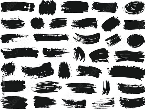 Black brushstroke vector set for creative design, artistic splashes and strokes for digital artwork, grunge, and paint effects, watercolor illustration